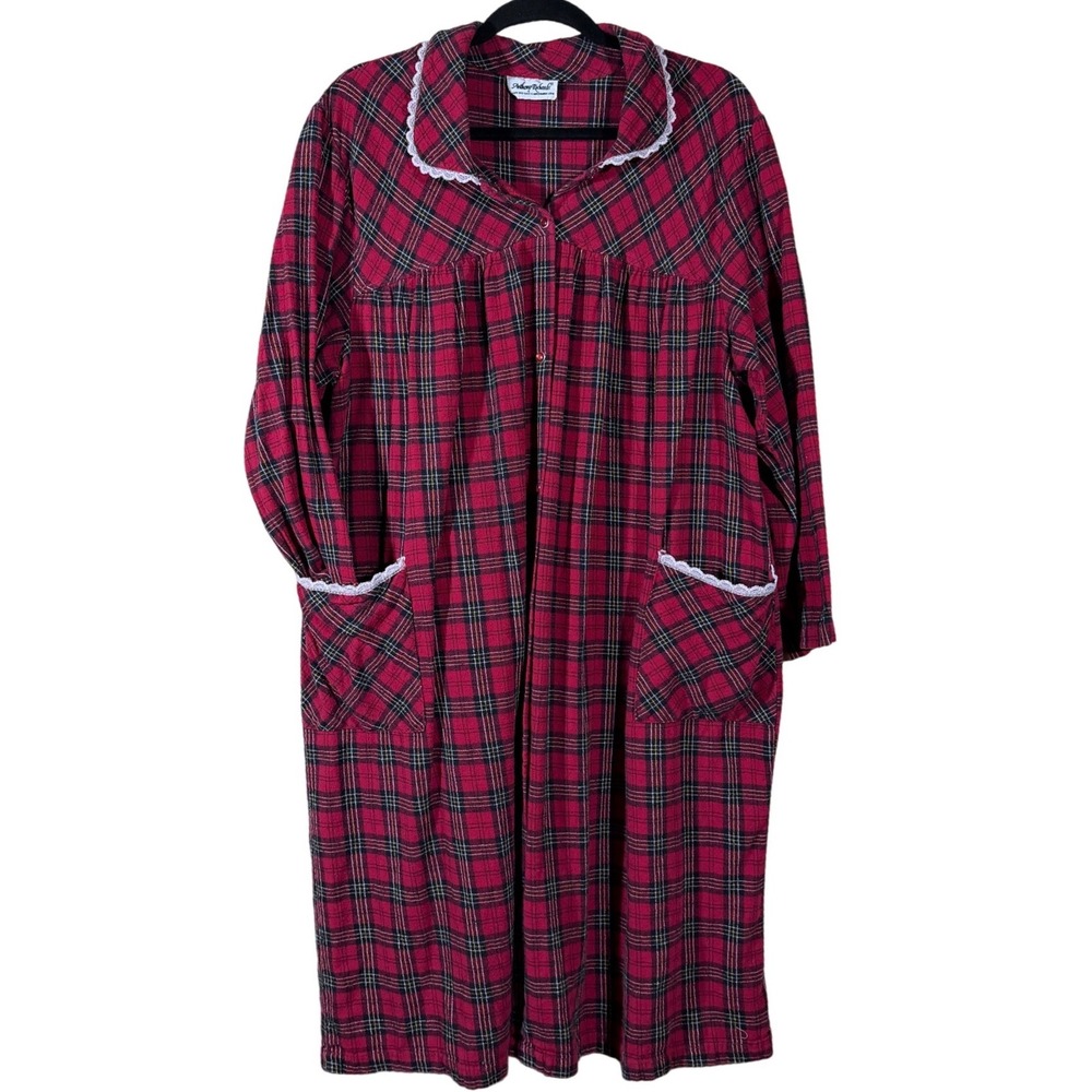 Anthony Richards Red Plaid Nightgown Lace Trim Vintage Grannycore House Dress